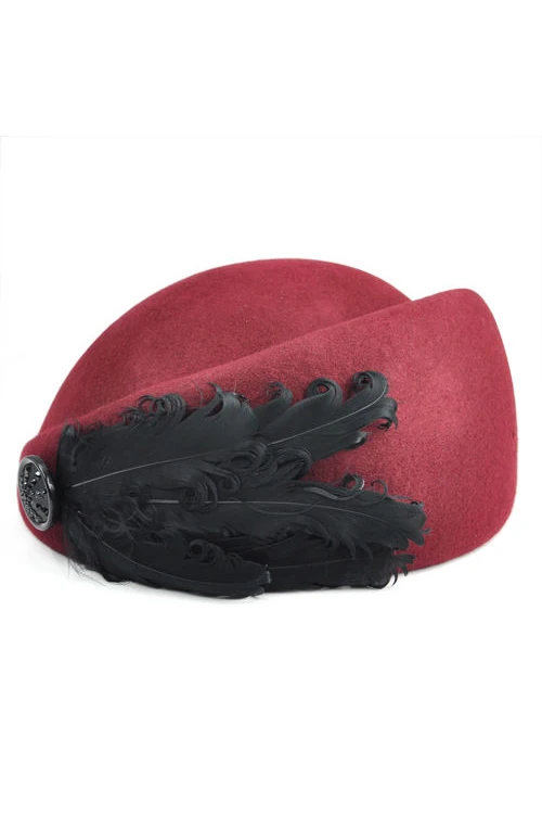 

NEW Ladies Wool Autumn/Winter Beret Small Feather Beret Hat (Red wine)