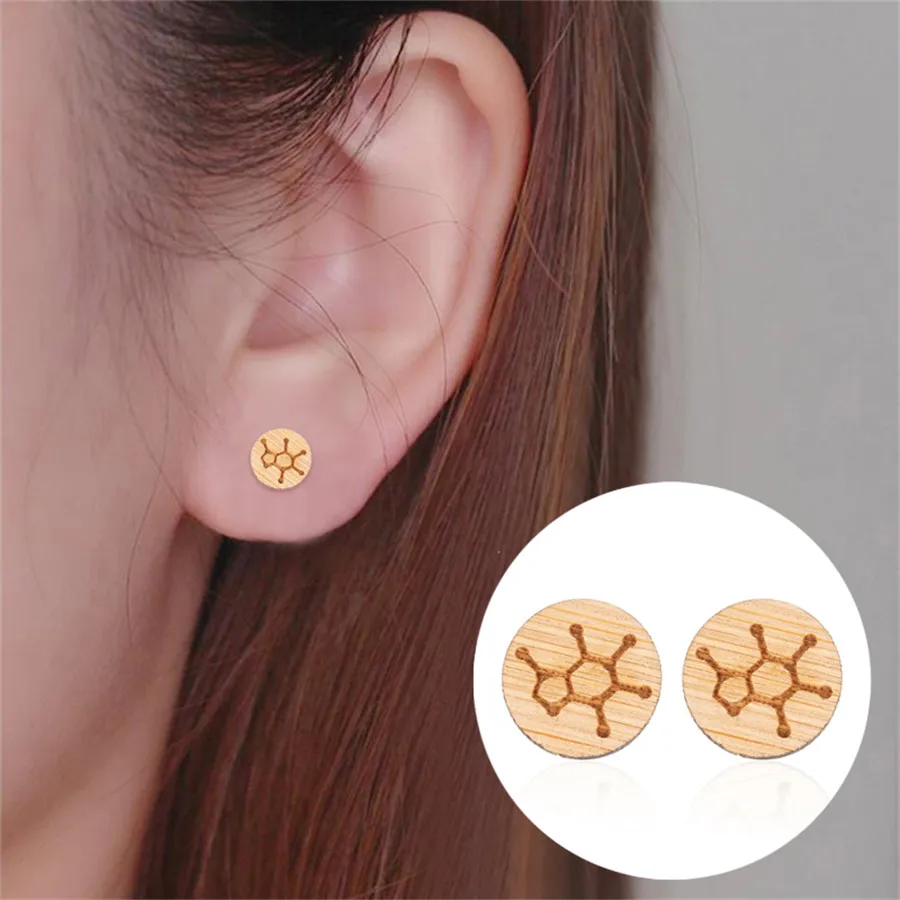 

yiustar Serotonin Molecule Wooden Stud Earrings for Women Round Earrings Structure Science Studs Earring Jewelry Gift Brincos