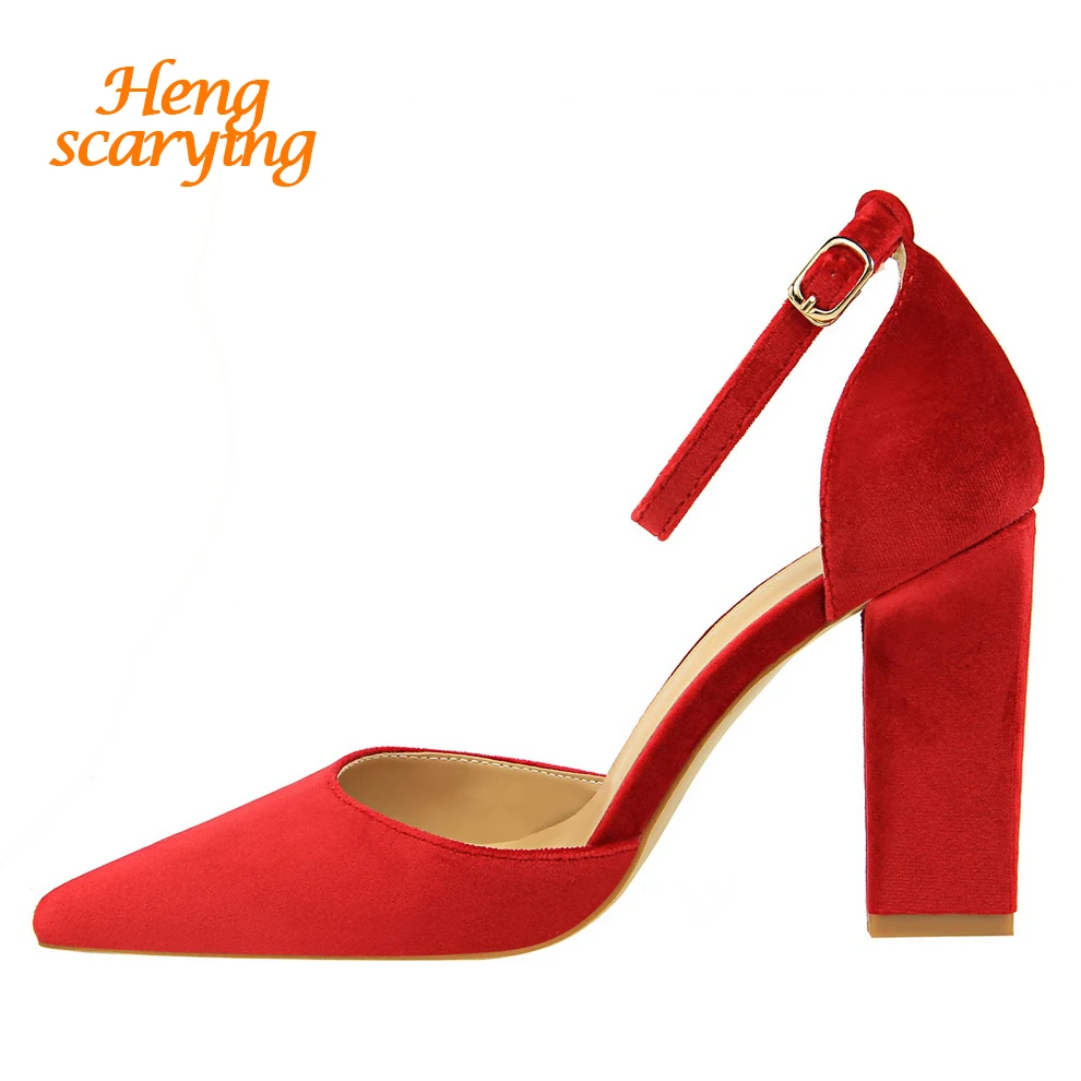 

HENGSCARYING Women 10cm Block High Heels Green Pink Sandals Lady Sexy Pointed Toe Flock Pumps Female Buckle Ankle Wrap Sandals