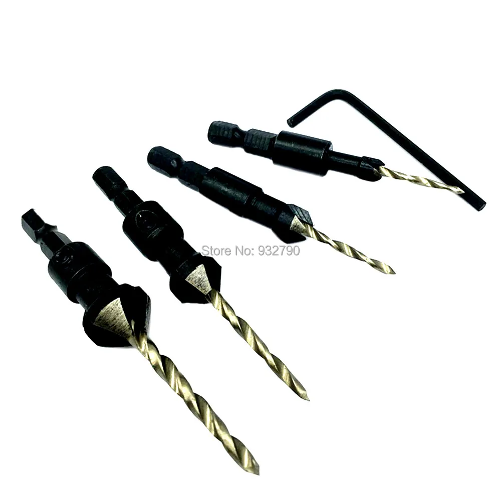 

4pcs Tapered Drill Countersink Bit Wood Pilot Hole 1/4" Hex Shank Wood Screw Counterbore Screw Size #6 #10 #13 #16 w/ 1pc wrench