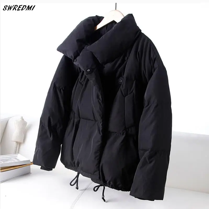 SWREDMI, осенне-зимняя женская парка, модная женская куртка, зимнее пальто для женщин, стоячий пуховик, теплая Повседневная куртка размера плюс - Цвет: Черный