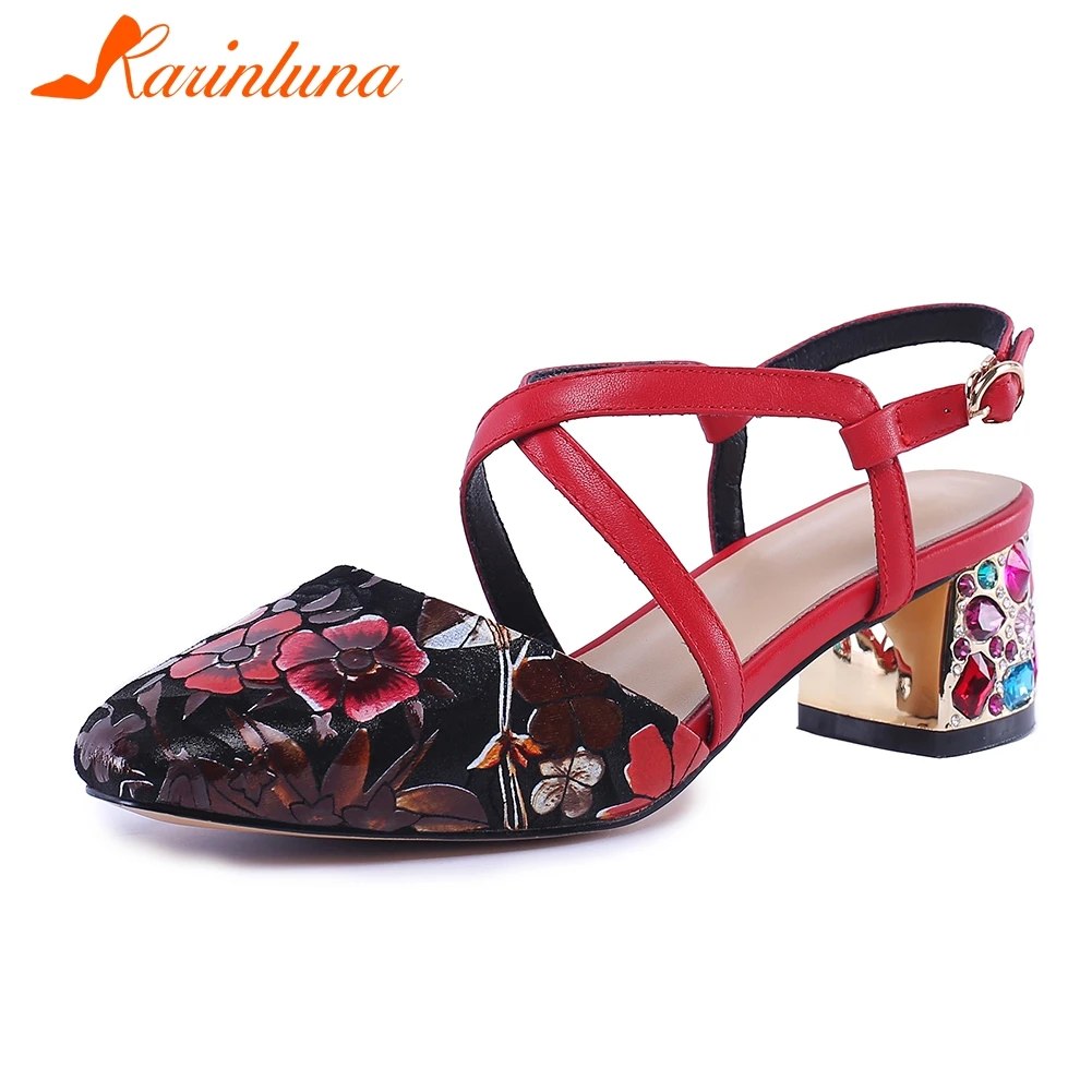

KARINLUNA 2019 New Fashion Print Flower Sandals Women Summer Genuine Leather Shoes Sandals Women Shoes Woman Large Size 34-43
