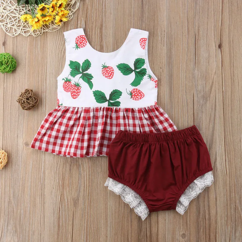 

Newborn Kids Baby Girl Clothes Set Strawberry sleeveless backless Tops Dress+Lace Shorts 2Pcs Outfit Fashion Clothes