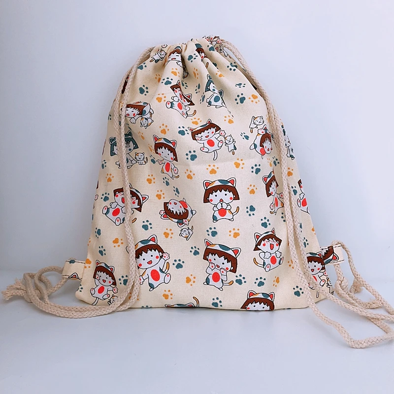 

COOL Chibi Maruko-chan Cartoon Drawstring Backpack Canvas Backpacks Casual String Bags Anime Knapsack Unisex New