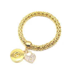 6pcs/lot Gold Elastic Snap Bracelet With Herat Crystal Bracelet For Women Men 18mm Snap Buttons Bracelet&Bangle Jewelry
