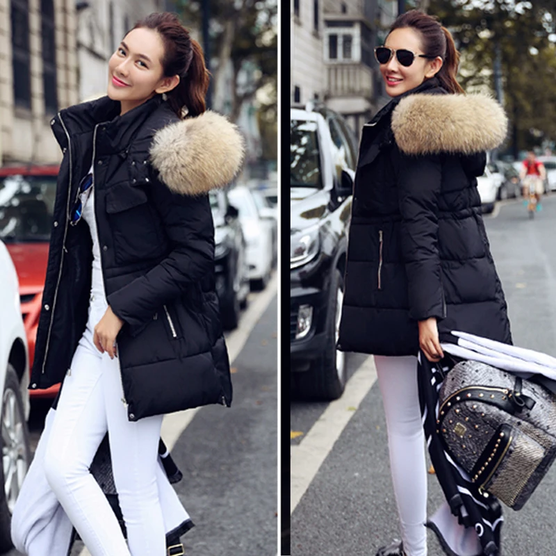 YEYELANA High Quality Large Real Fur 2018 Winter Jacket Women Genuine Raccoon Fur Collar Hooded Thick Coat Women Winter Parka