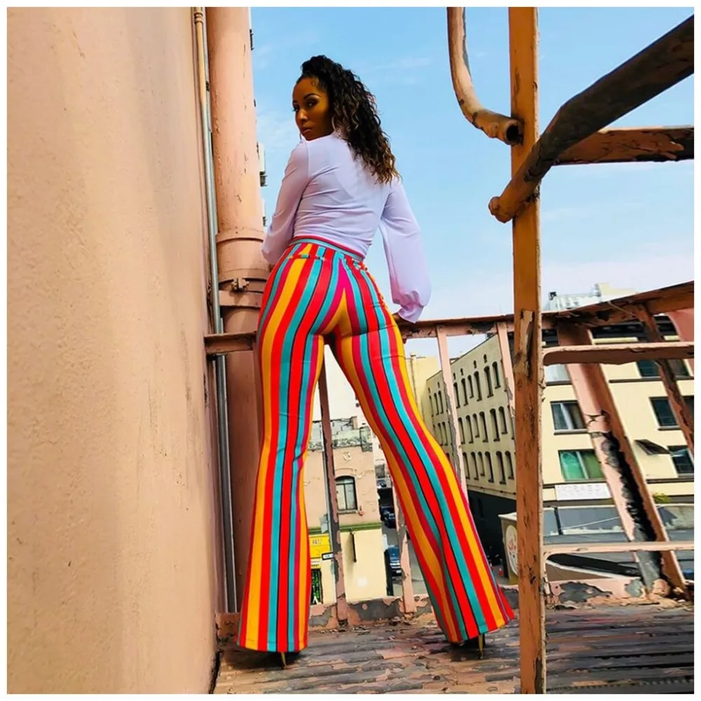 

BKLD Women High Waist Wide Leg Pants 2024 Rainbow Striped Summer Casual Office Flare Pants Long Trousers Women Bell Bottom Pants