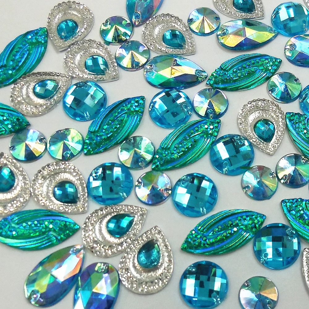 Blue Mixed Size Shape 200pcs Diy Sew On Flat Back Rhinestones Beads