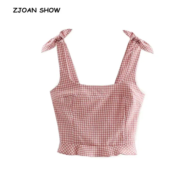 Sexy Bow Tied Strap Gingham Plaid Short Tank Top Women Elastic Back ...