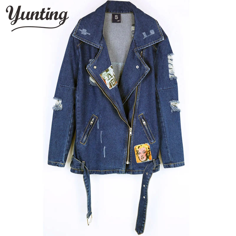 

2019 Women Casual Fashion Vintage Boyfriend Style Ripped Hollow Holes zipper Long Sleeve Loose Denim Jeans Coat/Jacket S/M/L