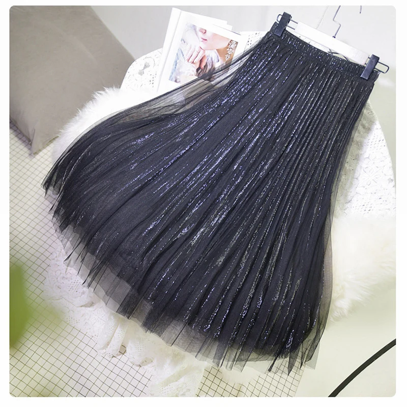 Women's 3 Layer Bright Tulle Skirt Ladies Korean High Waist Shining Tutu Skirt Pleated Mesh Midi Skirts Faldas Autumn - Цвет: Black Silver