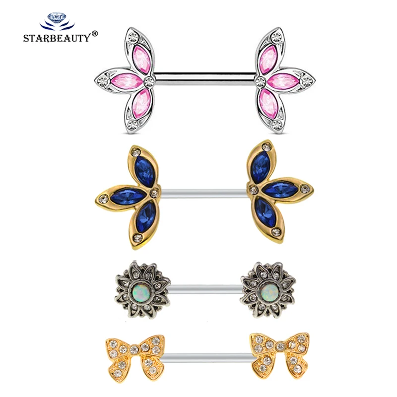 

1pair Opal Nipple Ring Piercing 14G (1.6mm) 316L Surgical Steel Bow Flower Nipple Ring Barbells Piercing Jewelry