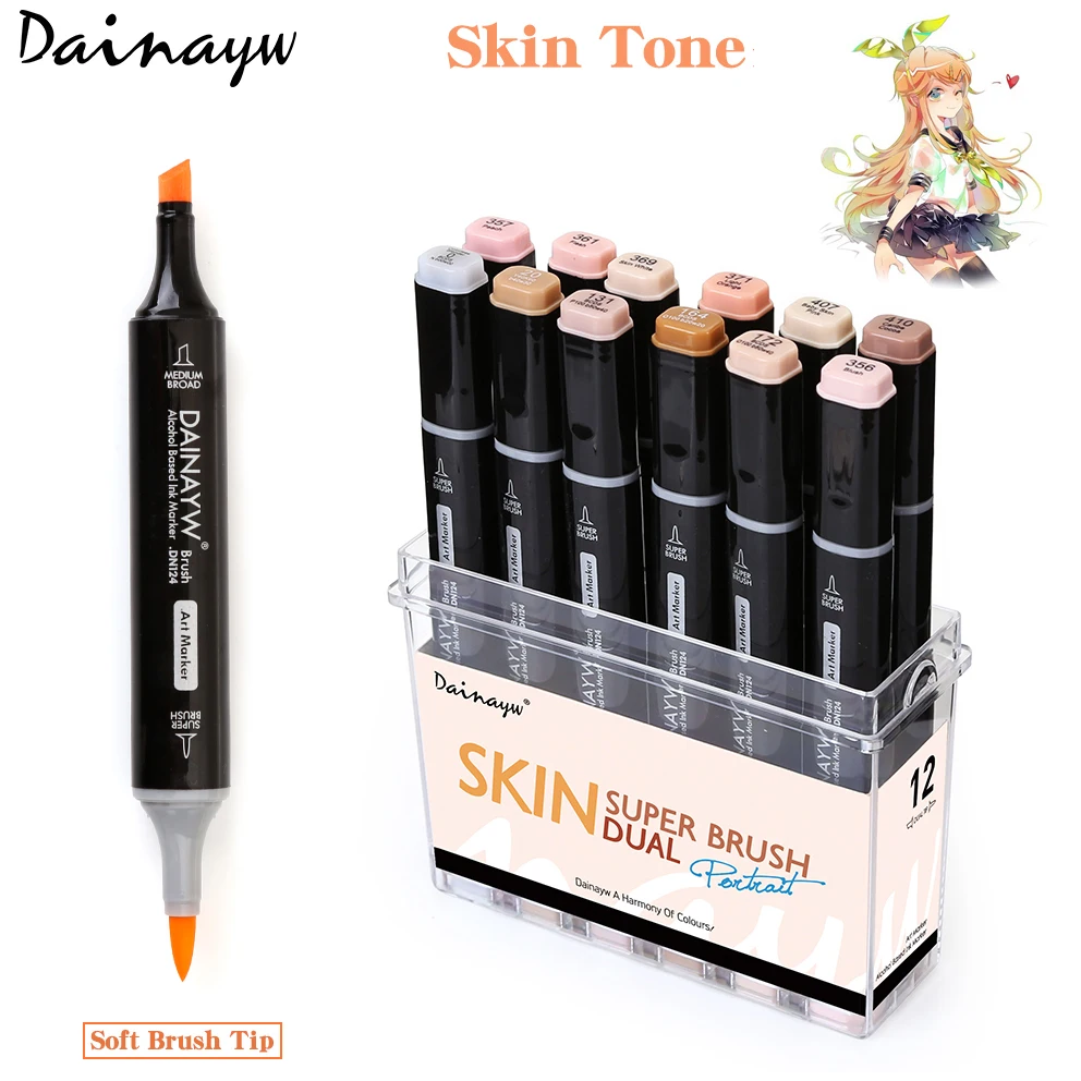 

Dainayw 12 Colors Skin Tone Dual Tip Art Sketch Markers Soft Brush Tip Markers for Manga Drawing Design School Supplies