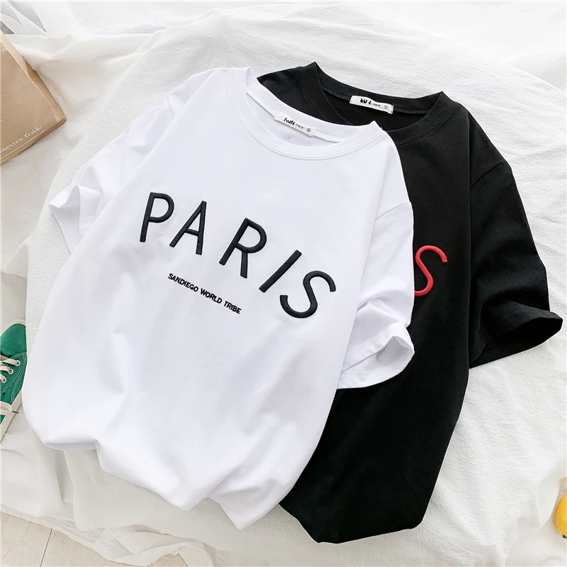 

Korean Simple letter embroidery Tshirt 2019 New Summer O-neck T shirt Female Harajuku Women Tees Shirt Short Sleeve Hip Hop Tops