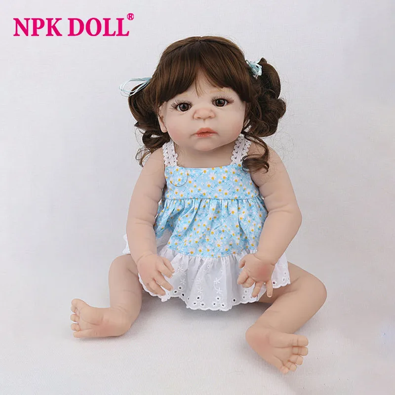 

Reborn Baby Doll Girl Full Vinyl Silicone Bath Toys Blue Dress Long Curly Hair Lifelike Realistic Bebe Alive 55cm Fashion Kids