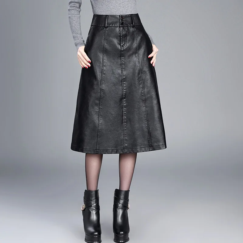 women Winter midi skirt 2019 spring womens high waist PU leather skirt faldas vintage saias plus size M-4XL women Winter midi skirt 2019 spring womens high waist PU leather skirt faldas vintage saias plus size M-4XL