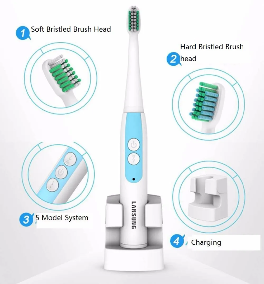 

Blue LANSUNG A1 Ultrasonic Sonic Power toothbrush Rechargeable 4 Pcs Replacement Heads Auto Timing 5 Speeds Models