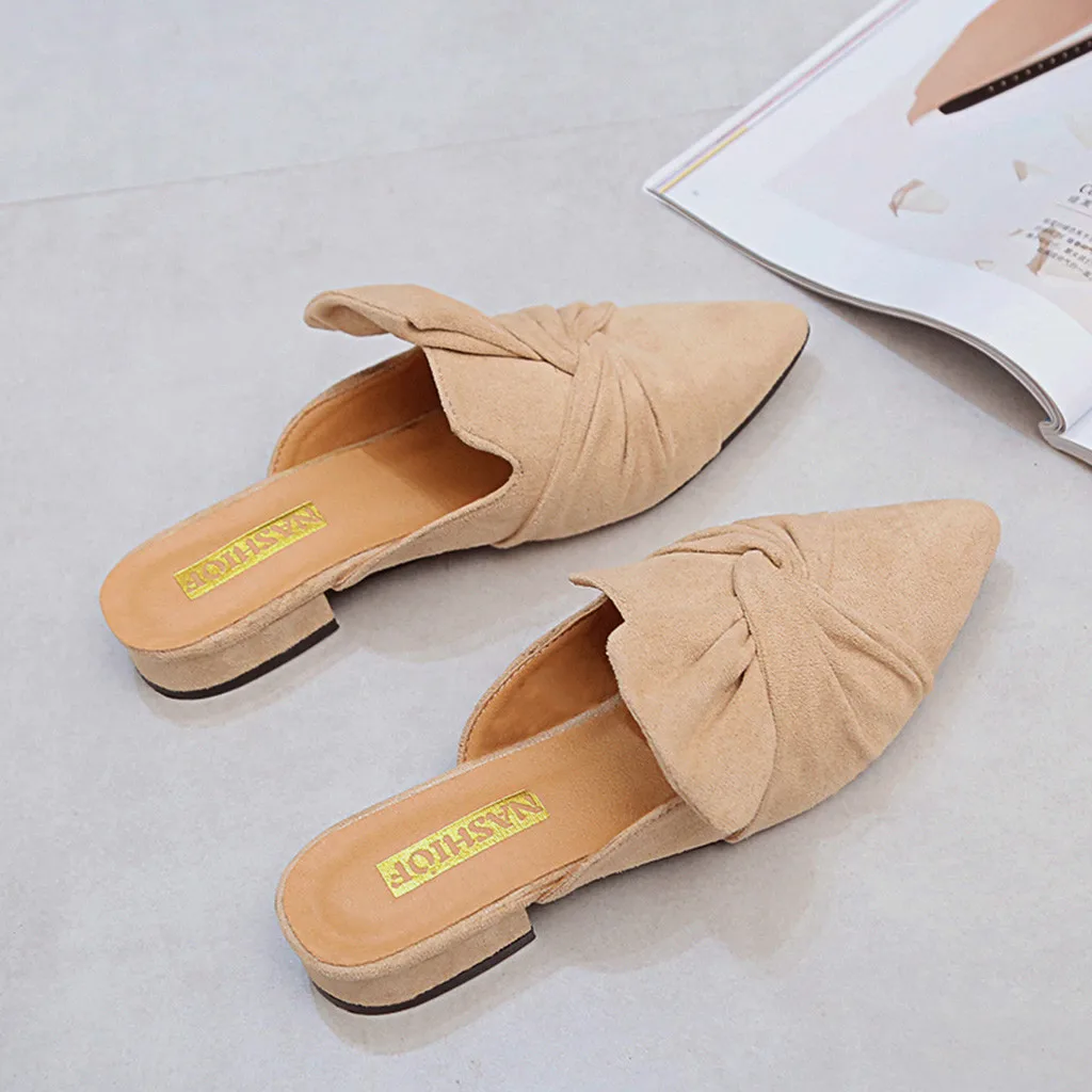 Women Slippers Flock Bowtie Female Mules Fashion Low Heels Shoes Pointed Toe Ladies Plus Size Elegant Woman Slipper#3