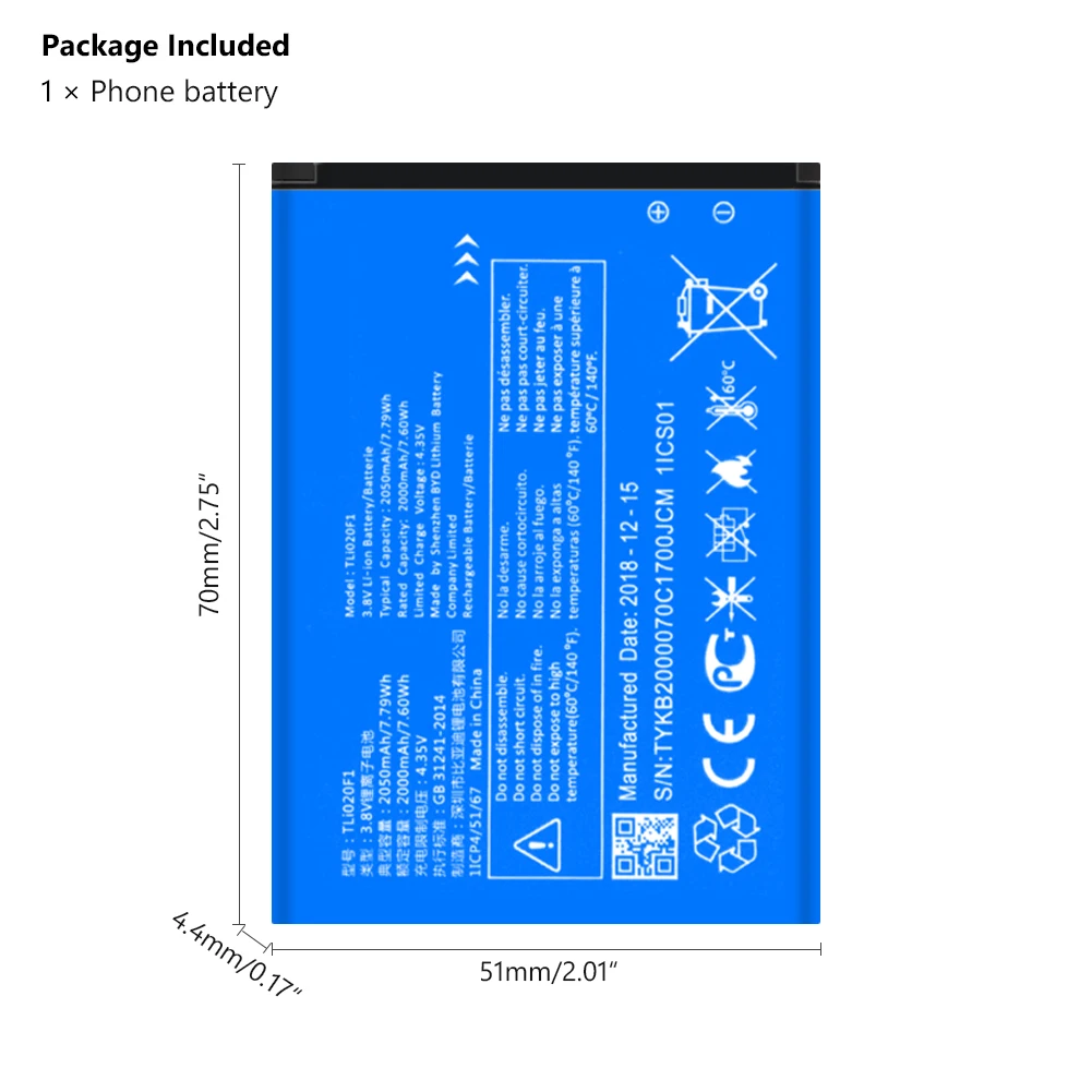 TLi020F1 запасные батареи для мобильного телефона 2050mAh Alcatel PIXI 4 5045D / One Touch Pop 2 5042D C7 7040 OT