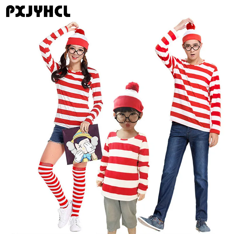 

Halloween Adult Kid Parent-Child Cartoon Where is Wally Waldo Cosplay Costume Red White Stripe Shirt +Hat +Glasses Girls Boys
