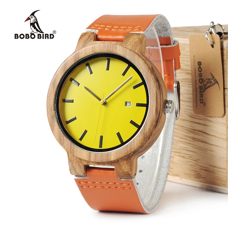 BOBO BIRD WO09 Newest Zebra Wood Watches Yellow Orange Leather Band Calendar Quartz Watch for Men Women With Wooden Box OEM BOBO BIRD WO09 Newest Zebra Wood Watches Yellow Orange Leather Band Calendar Quartz Watch for Men Women With Wooden Box OEM