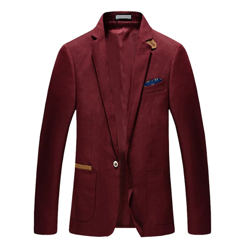 Spring Autumn Fashion Smart Casual Mens Wine Red Patchwork Slim Blazer