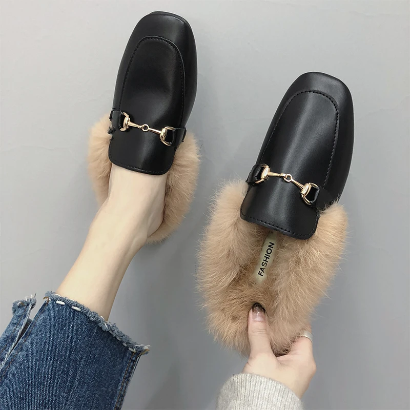 

Net red slippers female autumn wear 19 new Korean version of the wild social semi-dumping head fashion hairy Muller shoes winter