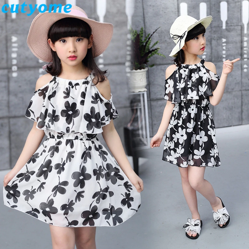 Cutyome Big Girls Shoulder Off Beach Dresses 10 13 14 16 Years Summer Kids Sleeveless Floral Printed Holidays Dress Teen Clothes