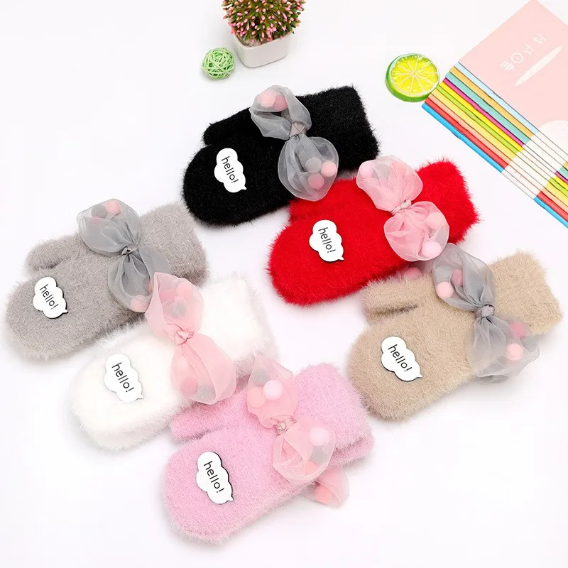 

Baby Gloves Cartoon Bow Children's Gloves Mittens Thick Knitting Warm Gloves Winter Baby Girls Gloves