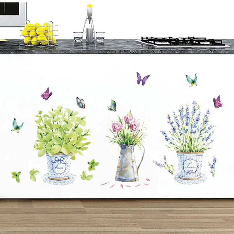 

1PCS Romantic Green Butterfly Flowers Vase Vinyl Wall Art Decal Stickers Modern Home Decor Mural Removable Kitchen Room Decor