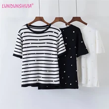 LUNDUNSHIJIA Летняя женская футболка с жемчугом и бисером, тонкий вязаный Топ, женская футболка с коротким рукавом и круглым вырезом, высокое качество