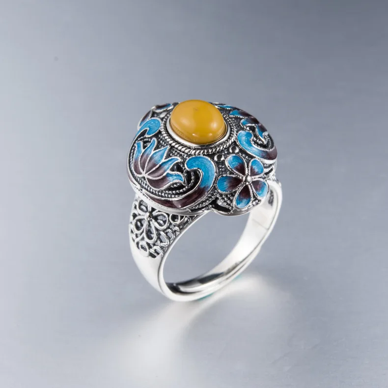 

Retro Thai Silver S925 Sterling Silver Ring Natural Beeswax Gems Women's Open Ended Ring Jewelry Wholesale