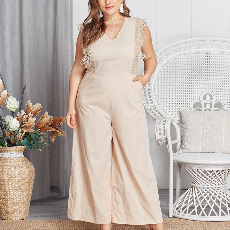 

Oversized Lace Jumpsuits Women Plus Size Solid Pink Long Jumpsuits Rompers Female Overalls Wide Legs Pants Big Size 5XL 6XL A054