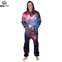 Повседневные мужские и женские Комбинезоны для пары комбинезоны с длинными рукавами свободные боди Galaxy 3d космический Принт молния женский комбинезон