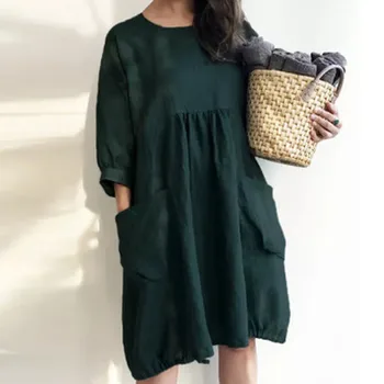 

Summer Autumn Fashion Women Pocket Half Sleeve Kaftan Baggy Cotton Linen Casual Plus Size Tunic Blouse Mini Dress платье Z4