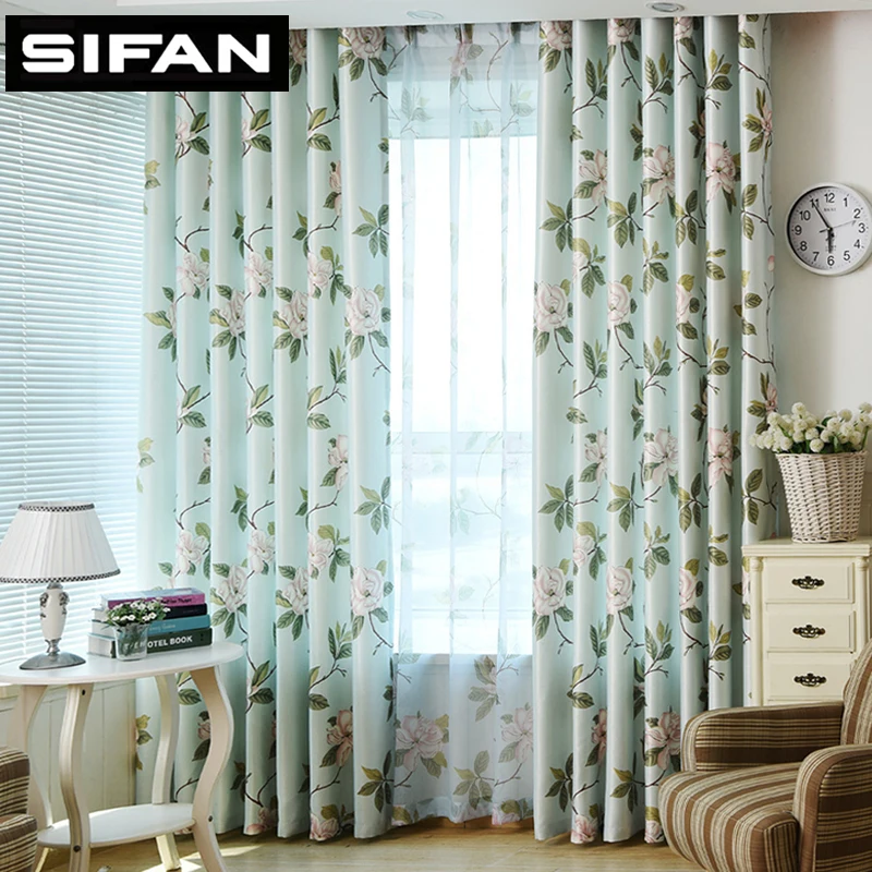 Pink Floral Green Leaves Printed Window Curtains for Living Room