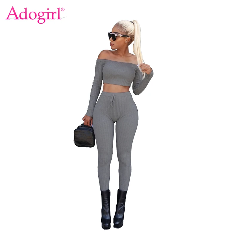 

Adogirl High Stretch Ribbed Women Two Piece Set Sexy Slash Neck Off Shoulder Long Sleeve Bodice Crop Top Drawstring Skinny Pants