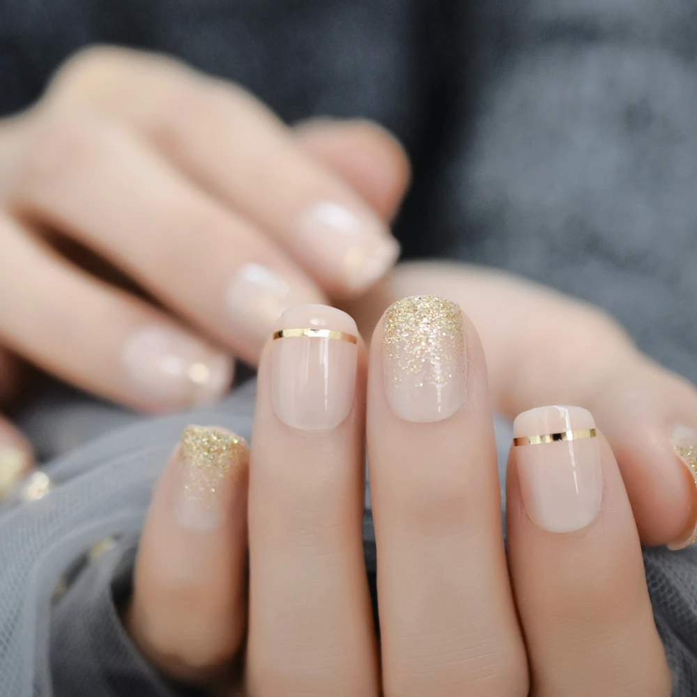 УФ гель покрытие накладные ногти золотой блеск Обнаженная ЛаДи пресс на ногти Короткие с клейкими вкладками идеально подходит для ежедневного