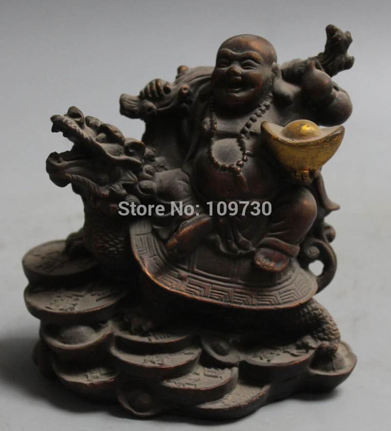 

001988 Bronze Gilt Happy Laugh Maitrey Buddha Yuanbao On Dragon Turtle Tortoise Statue