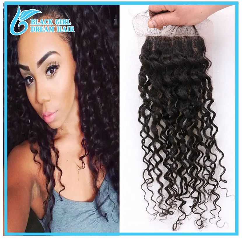 

7A Virgin Peruvian Deep Curly Closure Bleached Knots Unprocessed Human Hair Swiss Lace Closure Cheap Free/3/Middle Part Closures