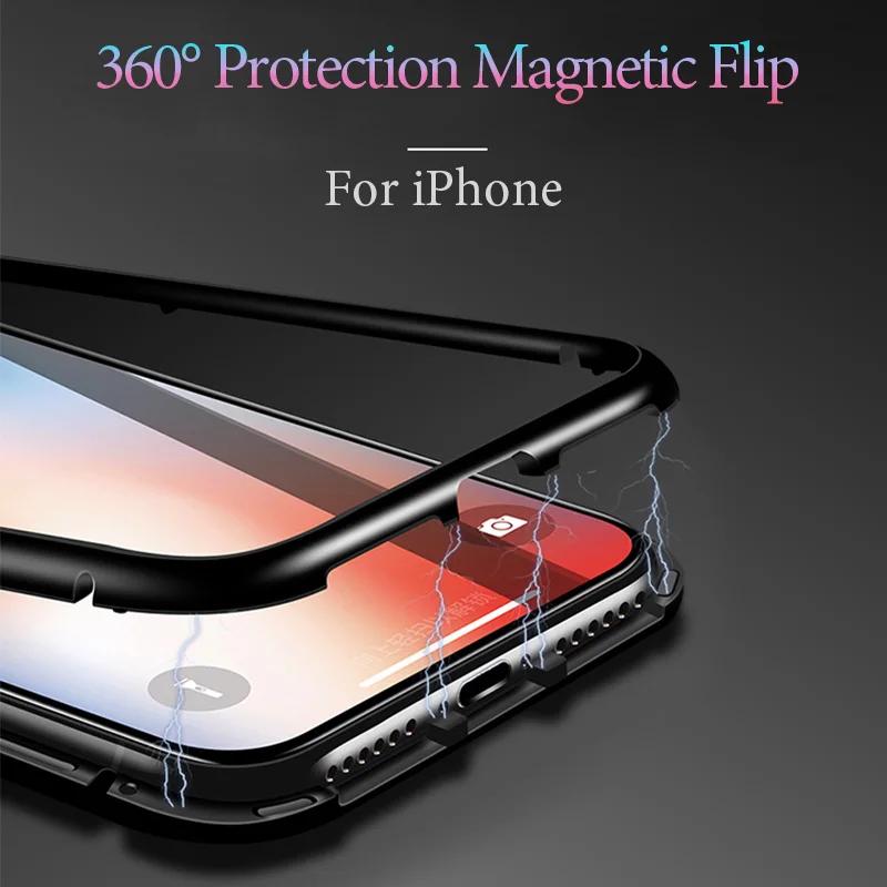 

Magnetic Adsorption metal case for iPhone 8 7 6 plus Transparent cases for iPhone X tempered glass cover Cases 360 Frame Magnet