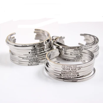 

10pcs/lot New Stainless Steel Engraved Positive Inspirational Quote Hand imprint Cuff Mantra Bracelet Bangle For Women Best Gift