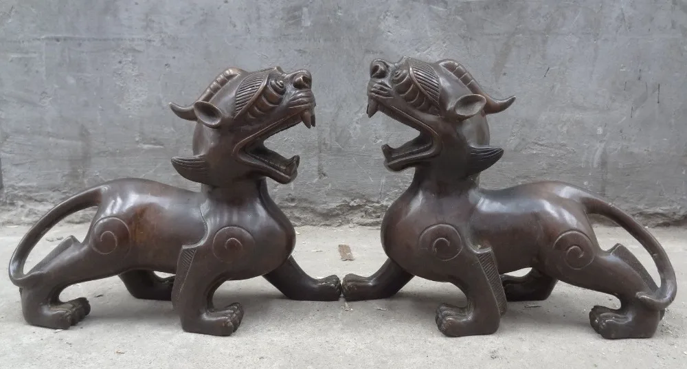 

008745 13" Chinese Bronze Animals FengShui Wealth Dragon Unicorn Beast Statue Pair