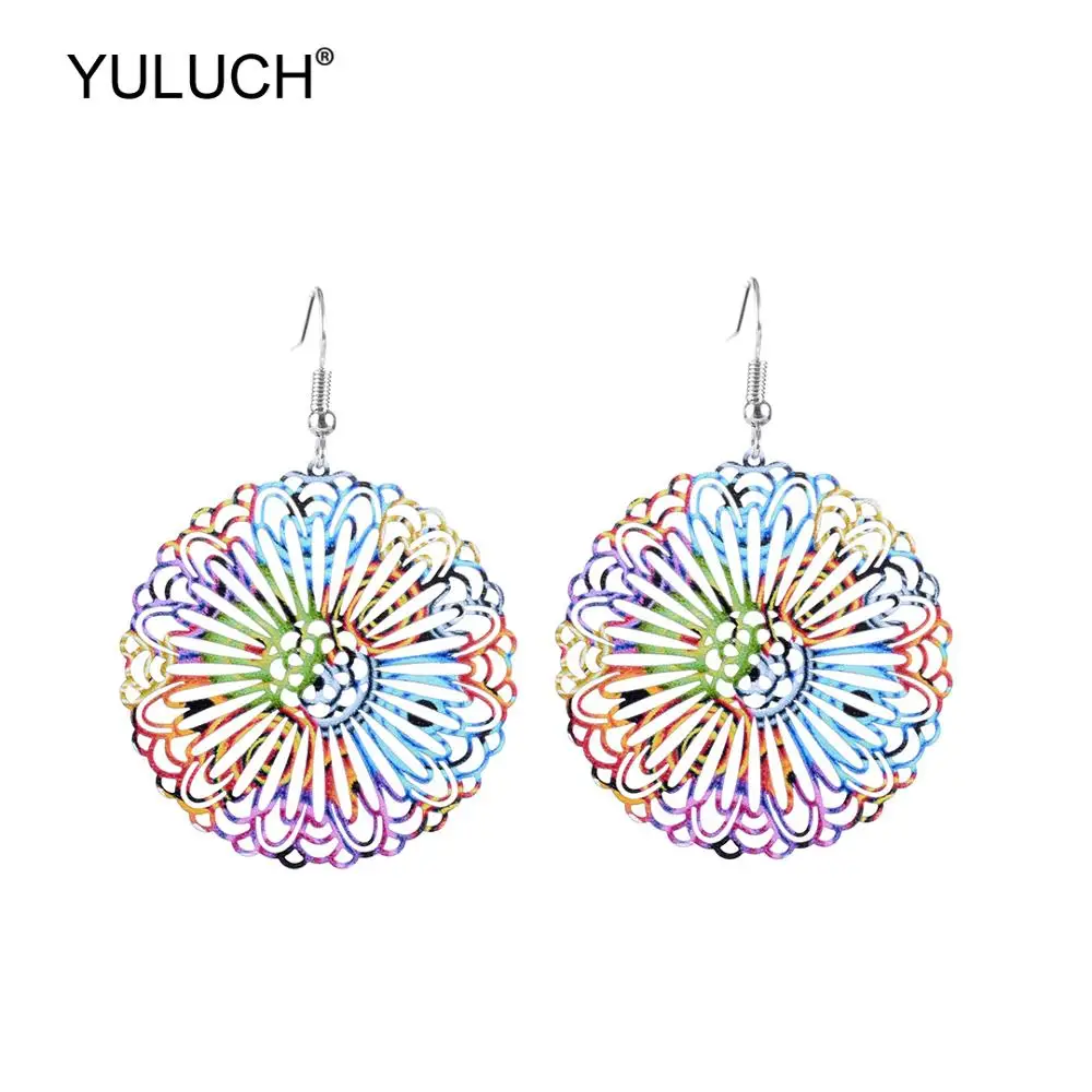 

YULUCH Bohemian Round Hollow Multicolor Metal Alloy Flower Pendant Earrings Ethnic Indian Hanging Earrings For Women Girls Party