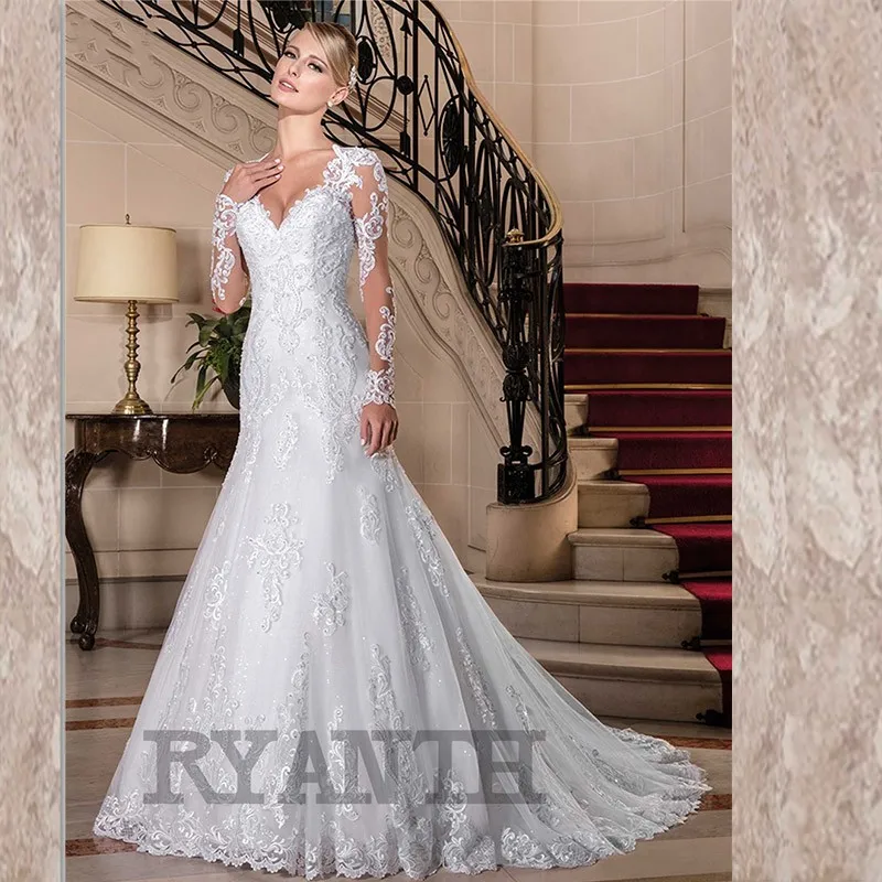 

Vestido de noiva Custom Made Long Sleeves Lace Mermaid Wedding Dress 2019 Sexy V Neck Wedding Gowns Cheap Vestidos de novia