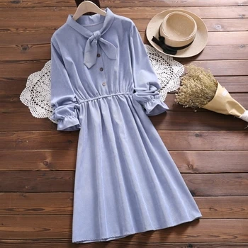 

Japanese Mori Girls Spring Fall Women Dress 4 Colors Bow Collar Elegant Nice Vestido Mujer Kawaii Vintage Cord Sweet Dress