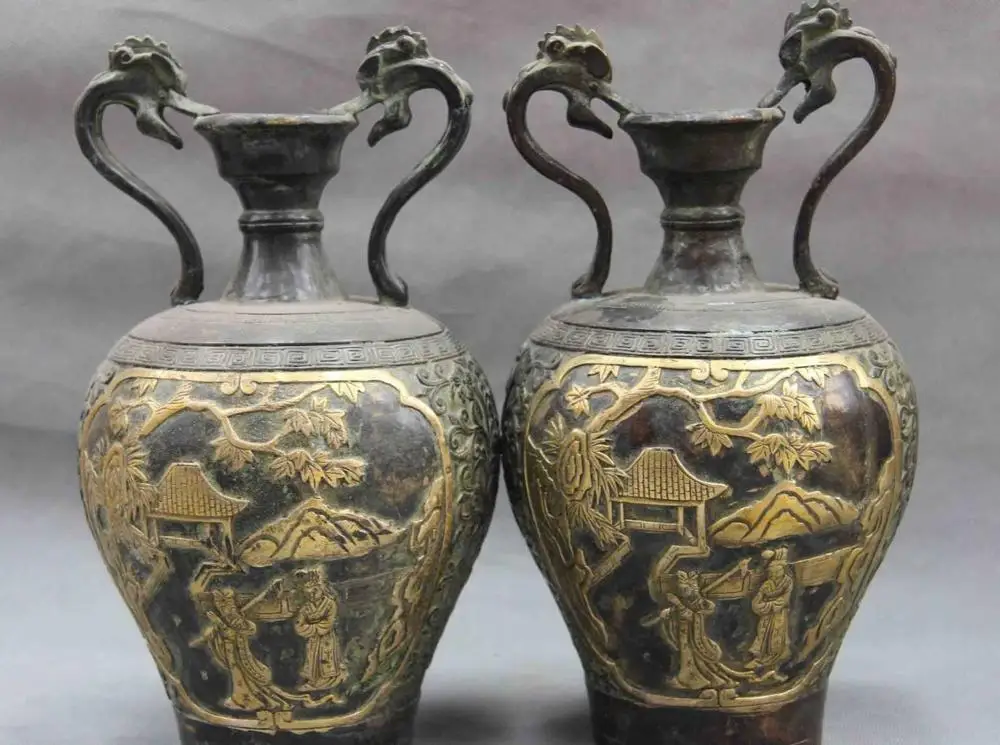 

11 China Old Copper Bronze Two dragons Maid Chart Aquarius Bottle Pot Vase Pair