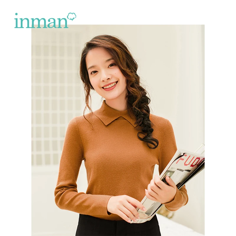 

INMAN Winter New Arrival Female Solid Color Lapel Simple Casual Long Sleeve Knitting Women Pullover Sweater