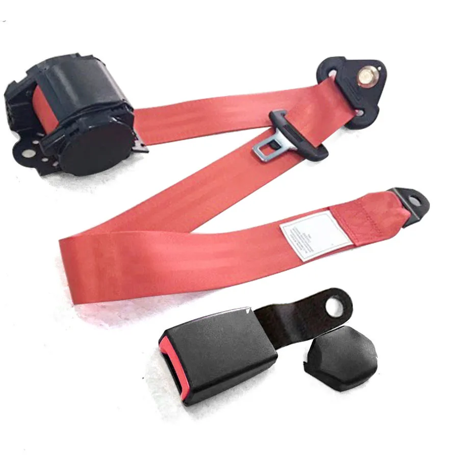 Red 3 Point Retractable Safety Car Seat Belts Lap Belt with Curved Rigid Buckle