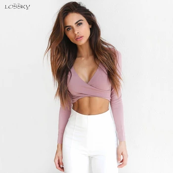 

Trend Cross V-neck Sexy Crop Top Women Slim T-shirt Black White Purple Long Sleeve T shirt 2018 Casual Wrap T Shirt Tees Low Cut